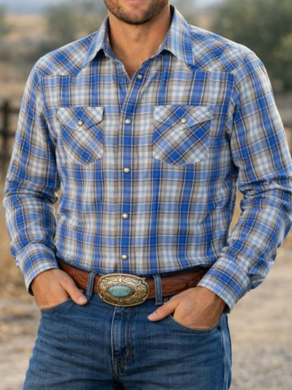 Banana Republic Blue Plaid Pearl Snap Shirt M Western Slim Fit Cowboy Ranch